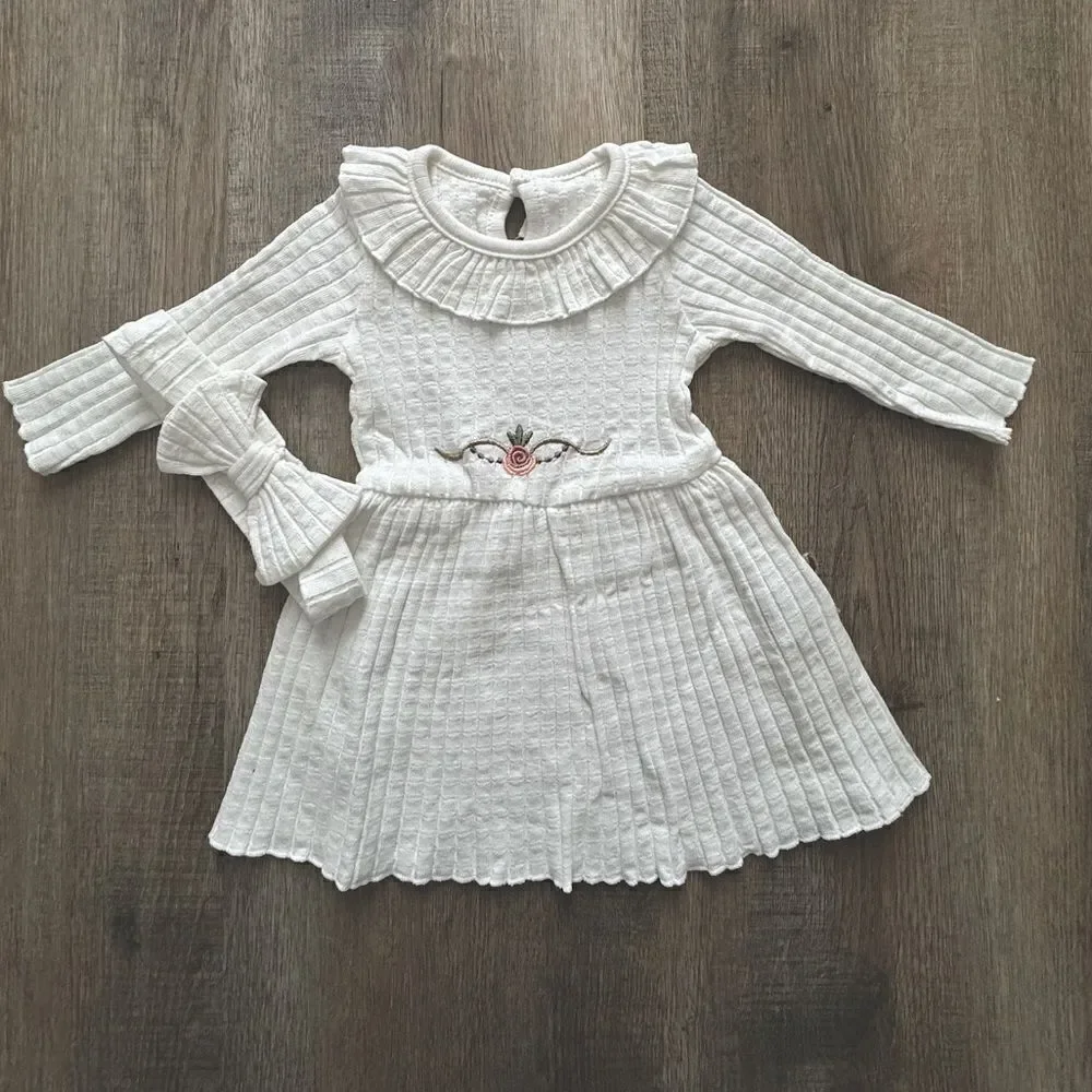 Organic Cotton Baby Girl Knit Ribbed Dress Outfit, Soft light Flower Clothing